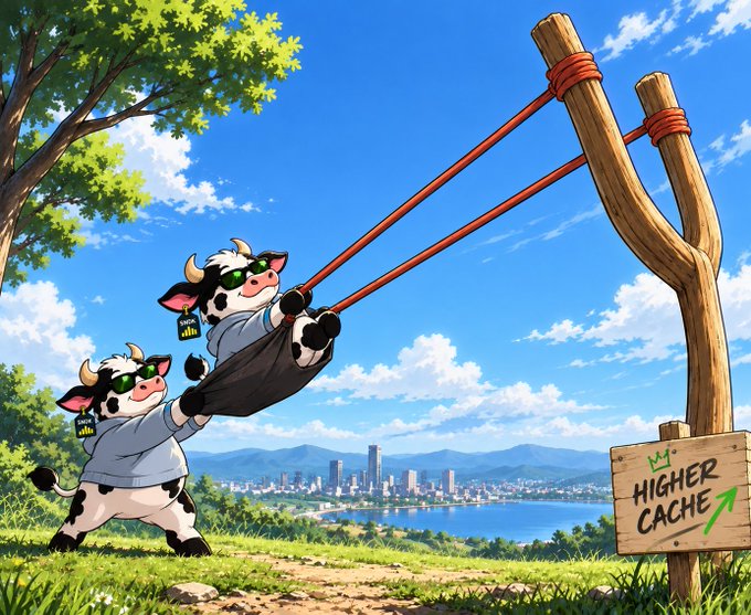 A digital illustration of two anthropomorphic cows wearing sunglasses and gray hoodies using a giant wooden slingshot, with a wooden sign reading 'HIGHER CACHE' and a city skyline in the background.
