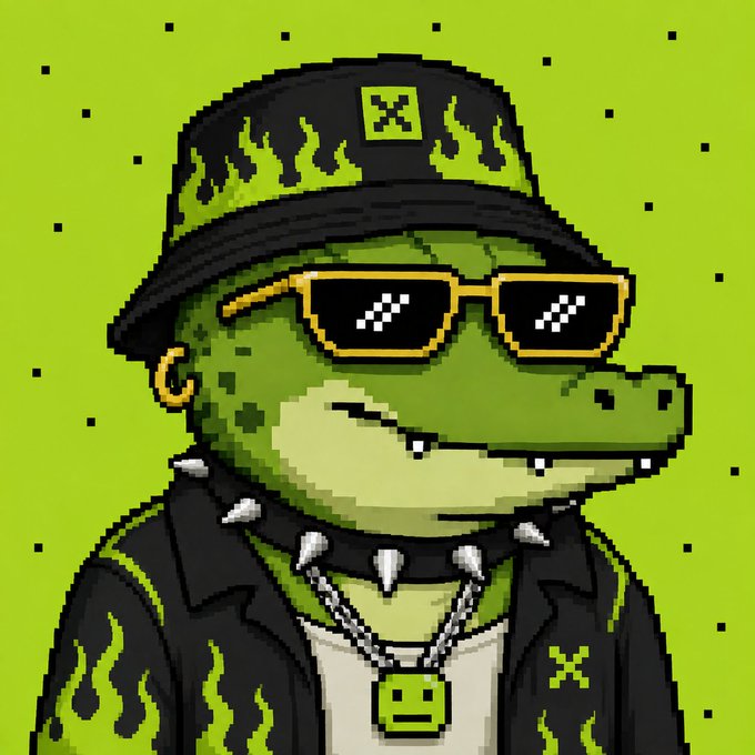 A pixel-art crocodile character wearing a black bucket hat with flame designs, pixelated "deal with it" sunglasses, a spiked collar, and a black jacket over a white shirt with a green "X" smiley face pendant, set against a green background with black speckles. The edgy "X" branding and confident, hype-driven aesthetic complement the post's call-to-action asking the first 20 retweeters to drop their crypto wallets for what appears to be a giveaway.