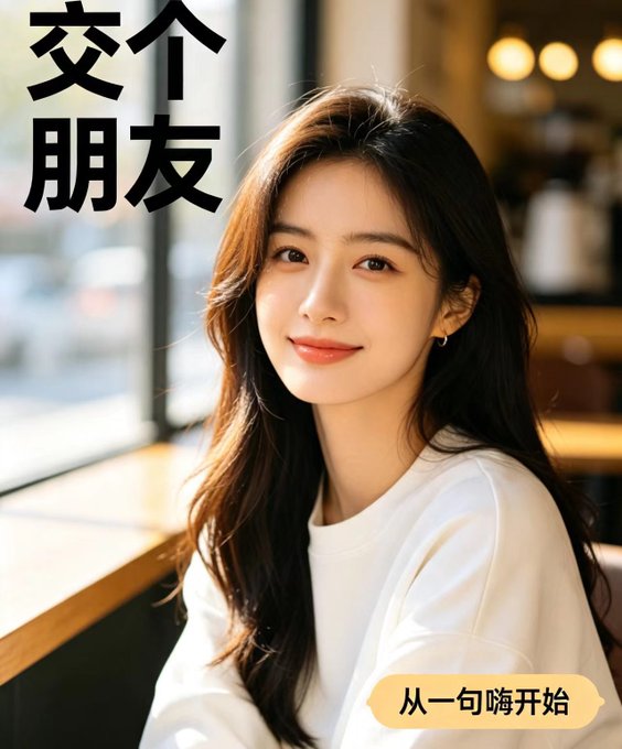 An AI-generated portrait of a young woman in a white t-shirt inside a cafe, with Chinese text '交个朋友' (Make a friend) in the upper left and '从一句嗨开始' (Start with a hi) in the lower right.