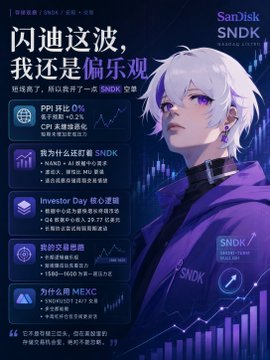 A purple promotional graphic featuring a white-haired anime-style character and the SanDisk SNDK brand, with Chinese text '闪迪这波，我还是偏乐观' and various financial metrics including 'PPI 环比 0%' and 'CPI 末季环比'.