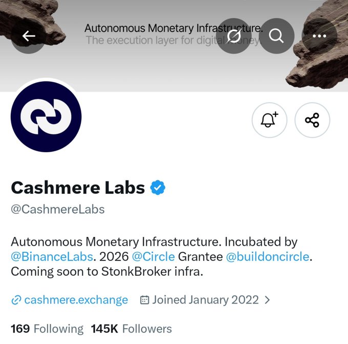 A Twitter/X profile page for 'Cashmere Labs' (@CashmereLabs), describing it as 'Autonomous Monetary Infrastructure' incubated by @BinanceLabs, with 169 following and 145K followers.