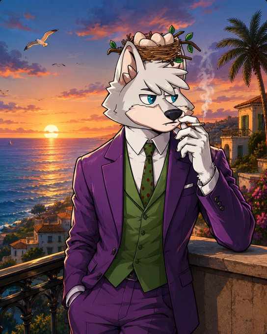 An anthropomorphic white wolf in a sharp purple suit smokes a cigarette while standing on a Mediterranean balcony at sunset, with a bird's nest resting on his head. The image's confident, worldly aesthetic mirrors the post's tone of unwavering loyalty to the Wolfies (@wolfswapdotapp) community through any market cycle.