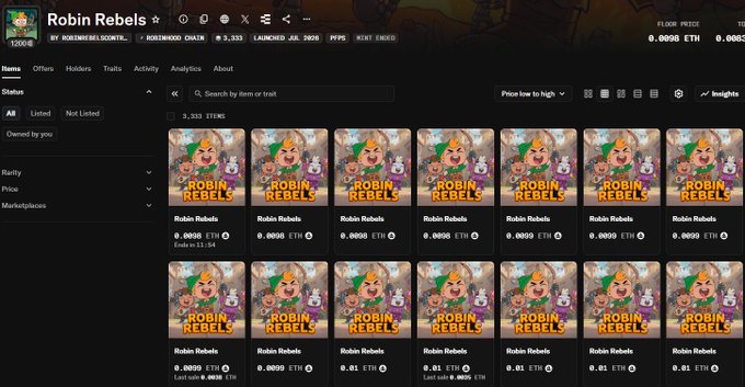An NFT marketplace listing page displaying multiple 'Robin Rebels' items with prices around 0.0098 ETH to 0.01 ETH on Robinhood Chain.