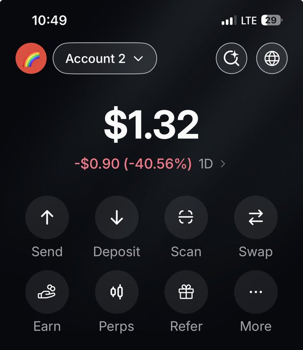 Rainbow Wallet cryptocurrency app showing a balance of $1.32, down 40.56% in 1 day.