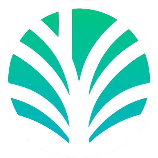 A teal and green logo featuring a stylized fan or leaf pattern within a circular border.