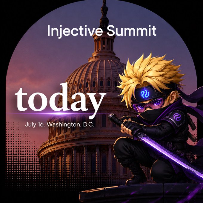 Promotional poster for the 'Injective Summit today' on July 16 in Washington, D.C., featuring an anime-style ninja character with a purple sword in front of the Capitol building.