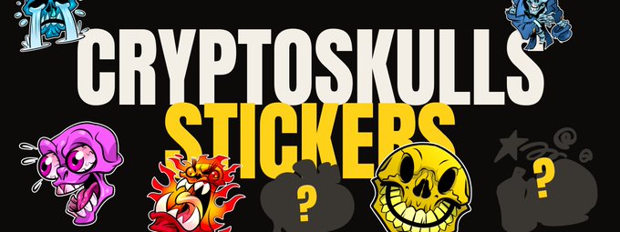 A banner advertisement reading 'CRYPTOSKULLS STICKERS' featuring various cartoonish skull character designs against a black background.