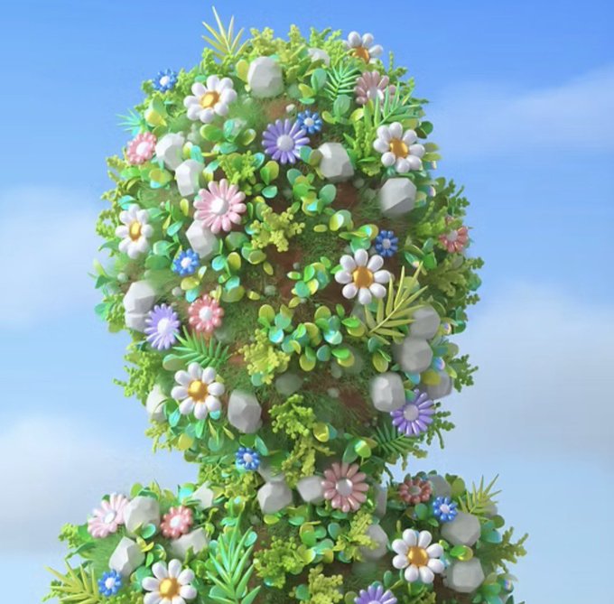 The image features a garden with two stone figures, one of which appears to have flowers growing out of its face. The other stone figure has an orange flower blooming at the bottom. These figures are part of the garden scene, surrounded by plants and flowers, giving them a whimsical appearance. Below this unique display, there is a post discussing j-pegged art, featuring images from other posts related to similar items or experiences. The image seems to be promoting a creative concept, possibly for sale as an NFT (Next-Available-Discount).