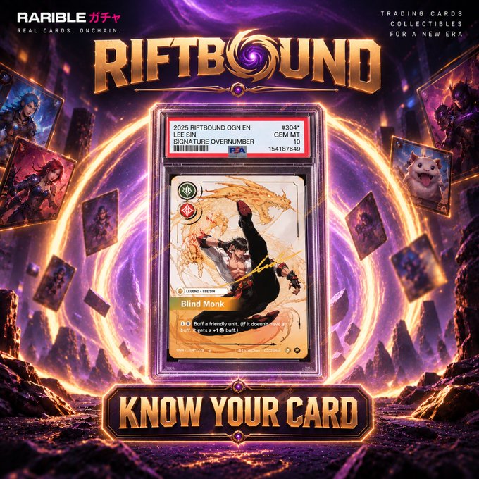 Promotional graphic for the "RIFTBOUND" gacha campaign by Rarible, featuring a PSA-graded "Blind Monk" Lee Sin Signature Overnumber card (#304, GEM MT 10) with the tagline "KNOW YOUR CARD" set against a fiery, swirling vortex background. The image visually highlights the featured collectible tied to the contest, encouraging viewers to identify the card's value on rarible.com/gacha for a chance to win a $100 BIG PACK.