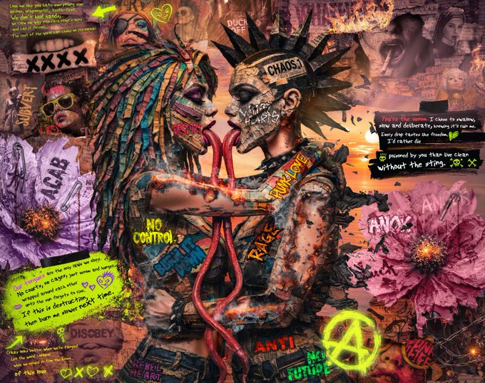 A chaotic punk collage artwork showing two figures with spiked hair and colorful dreadlocks, overlaid with graffiti-style text including 'CHAOS', 'NO CONTROL', 'ACAB', 'ANOK', and an anarchy symbol.