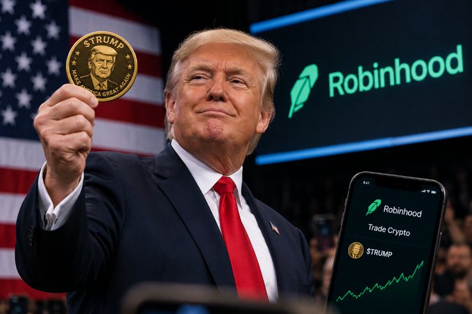 A digitally composed image showing Donald Trump in a suit holding up a gold 'TRUMP' commemorative coin, with a Robinhood logo and a phone displaying a '$TRUMP' trade chart against an American flag background.