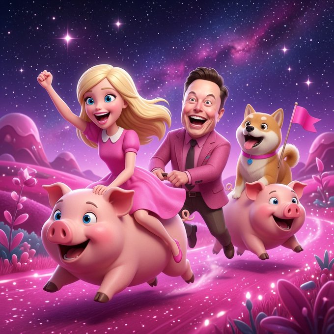 A vibrant, whimsical digital illustration shows a blonde woman in a pink dress and a man in a suit joyfully riding flying pink pigs through a starry, magenta-hued alien landscape, accompanied by a smiling Shiba Inu dog waving a pink flag. The surreal, space-age "Barbie-meets-Elon" aesthetic playfully visualizes the post's joke about making life multiplanetary with iconic, meme-worthy flair, tying into the promising $BDEM token.