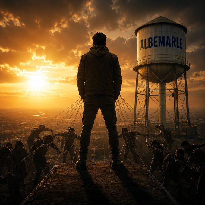 A cinematic image showing a silhouetted figure standing triumphantly over shadowy workers pulling ropes, with a water tower labeled 'ALBEMARLE' in the background against a sunset sky.