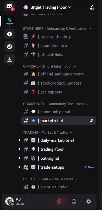A screenshot of a Discord server called "Bitget Trading Floor" showing various channels including rules-and-safety, official-announcements, market-chat, trading-floor, bot-signal, and trade-setups.
