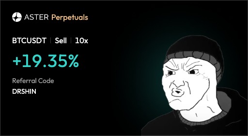 Aster Perpetuals promotional graphic advertising a BTCUSDT Sell position with 10x leverage showing +19.35% gain, referral code 'DRSHIN', and a Wojak meme illustration on the right side.