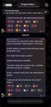 The image shows Telegram announcements from "Fergand Alpha" about a "$100K Launch" giving 100K, 200K, and 300K launches throughout the year, with the next launch within two weeks, alongside statistics of past launches reaching millions in market cap.

The post references this by promoting a $100 SOL giveaway tied to vouching for the user, leveraging the giveaway hype shown in the image to attract engagement.
