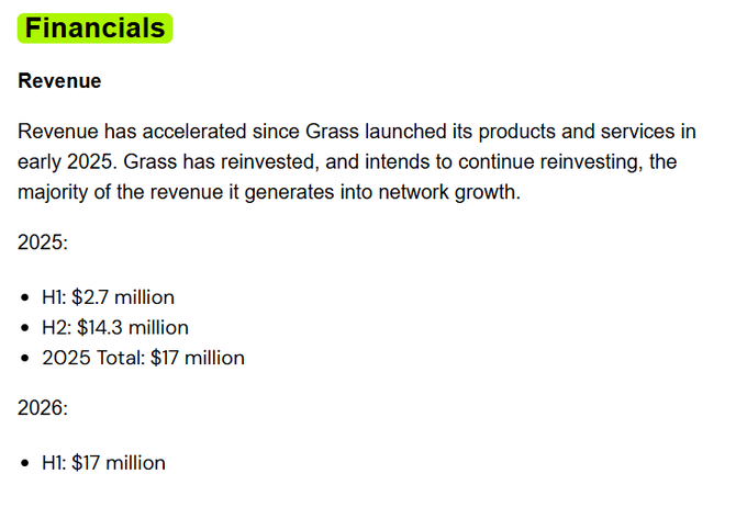 A financial details image displaying Grass's (DePIN) revenue figures, showing a $17 million total in 2025 ($2.7M in H1, $14.3M in H2) and $17 million in H1 2026, illustrating the revenue acceleration mentioned in the post highlighting Grass as a DePIN project with impressive growth and reinvestment into network expansion.