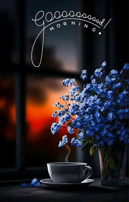 A steaming cup of coffee sits beside a vase of blue forget-me-nots against a sunset window, with "Good Morning!" elegantly scripted above—capturing the cozy, hopeful start-of-day vibe that matches the "Gm fam" greeting.