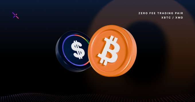 The image features two coins, one orange and one black, floating above each other against a dark background. The text "Zero-Pee Trading Pair" is written below them, indicating that these coins are part of a zero-fee trading pair designed for fast market access with minimal fees. The post also mentions the use of XBTC and XMD as payment methods on this trading platform.