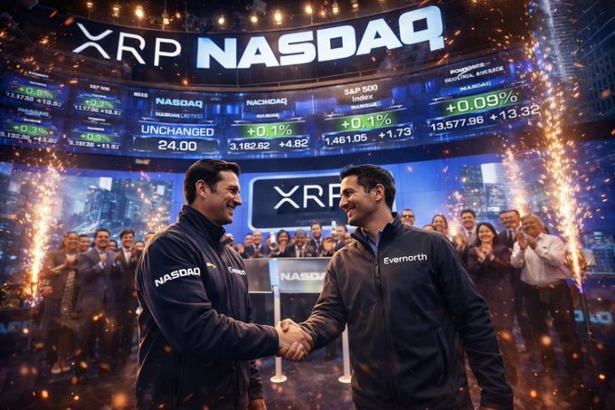 Two smiling men—one in a "NASDAQ" jacket and the other in an "Evernorth" jacket—shake hands center stage beneath a "XRP NASDAQ" ticker display showing "UNCHANGED" at 24.00 with surrounding indices like S&P 500 at +0.09% and NASDAQ at +0.1%, capturing the milestone celebration ahead of Evernorth's listing under the ticker $XRPN.