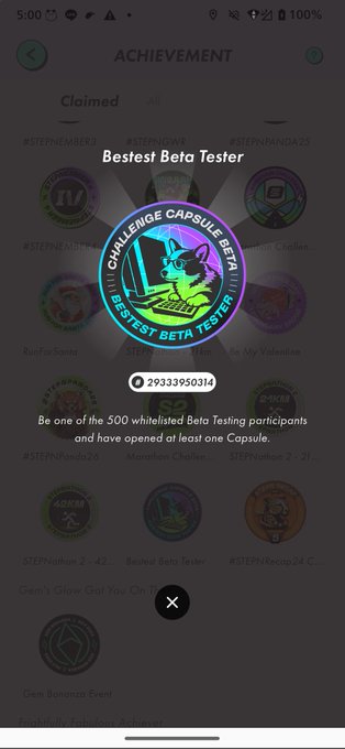 A screenshot of the STEPN app showing the achievement badge "Bestest Beta Tester," featuring a colorful capsule graphic with the text "CHALLENGE CAPSULE BETA!!" and ID 29333930314, indicating the user has unlocked it by being one of 500 whitelisted Beta Testing participants. The post celebrates receiving this cute badge, matching the image's highlighted achievement.