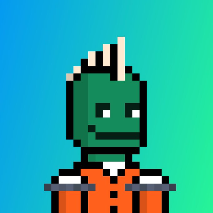 A pixel art character with a green face, spiky blonde hair, and an orange jumpsuit stands against a blue and green gradient background.