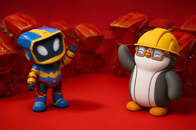A 3D render of a small robot in blue and yellow armor waving at a penguin wearing a yellow hard hat and goggles, set against a red background.