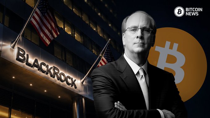 The image shows BlackRock CEO Larry Fink standing with crossed arms in front of the BlackRock building with American flags, alongside a large Bitcoin logo, with a "BITCOIN NEWS" watermark in the corner. The visual ties directly to the article's headline about BlackRock's analysis of small Bitcoin allocations improving 60/40 portfolio performance.