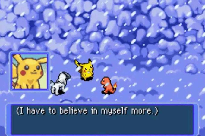 The image features a cartoon Pokemon character, likely Pikachu or another Pokemon type, standing against a snowy background with snowflakes falling around them. The text overlay on the image reads "I have to believe in myself more!". This message seems to be related to the Pokemon game and its themes of self-belief and determination.

The post also includes an image of Pikachu or another Pokemon character, possibly a dog or a cat, with the caption "I have to believe in myself more!". The combination of the cartoon characters and the text creates a visually appealing and engaging scene that connects with the game's themes.