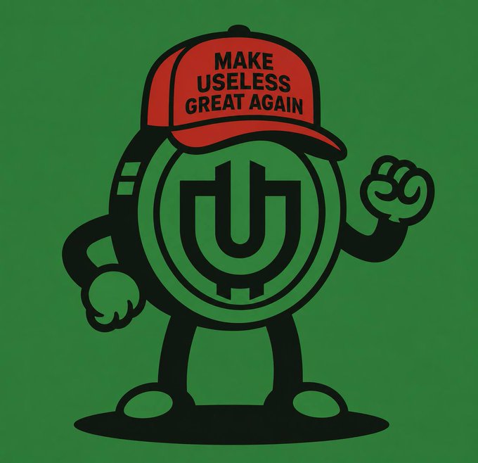 A cartoon green character wearing a red cap that says 'MAKE USELESS GREAT AGAIN' with a fist raised.