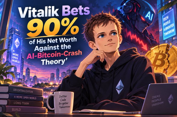 An illustrated YouTube-style thumbnail titled 'Vitalik Bets 90% of His Net Worth Against the AI-Bitcoin-Crash Theory', featuring a young man, an Ethereum logo, a Bitcoin coin, and an AI robot.