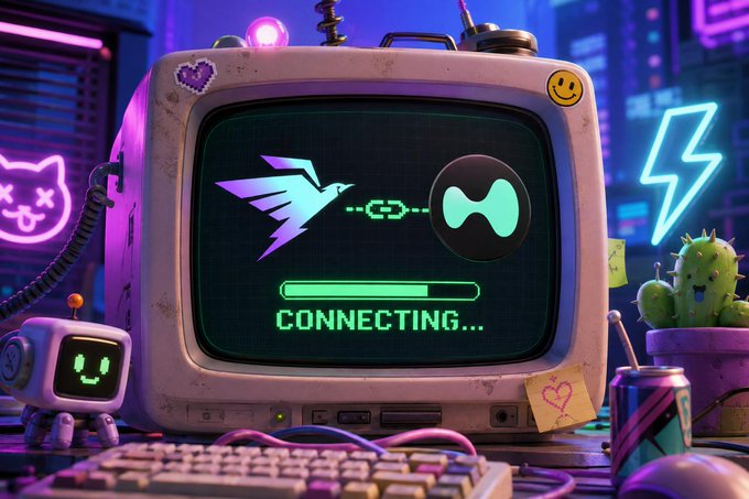 A retro-futuristic cyberpunk scene featuring an old CRT monitor displaying "CONNECTING..." with a bird and bowtie logo, surrounded by a keyboard, a small robot, a cactus, and neon cat and lightning signs.