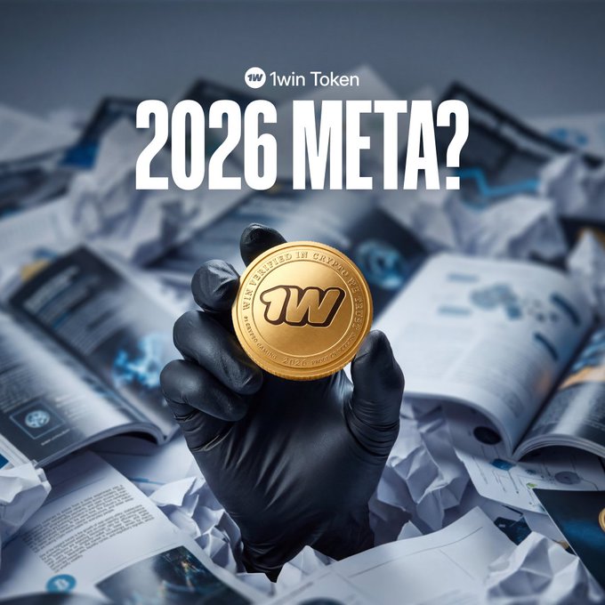 A promotional graphic showing a gloved hand holding a gold '1win Token' coin, with the text '1win Token' at the top and '2026 META?' in large white letters, surrounded by crumpled papers and documents.