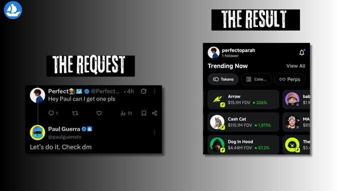 A graphic titled "THE QUEST" and "THE RESULT" showing a Twitter conversation where "Perfect" asks Paul Guerra for one, and Paul responds "Let's do it. Check dm," leading to the user "perfectoparrah" trending with crypto token stats like "Atrow," "Cash Cat," and "Dog In Hood."