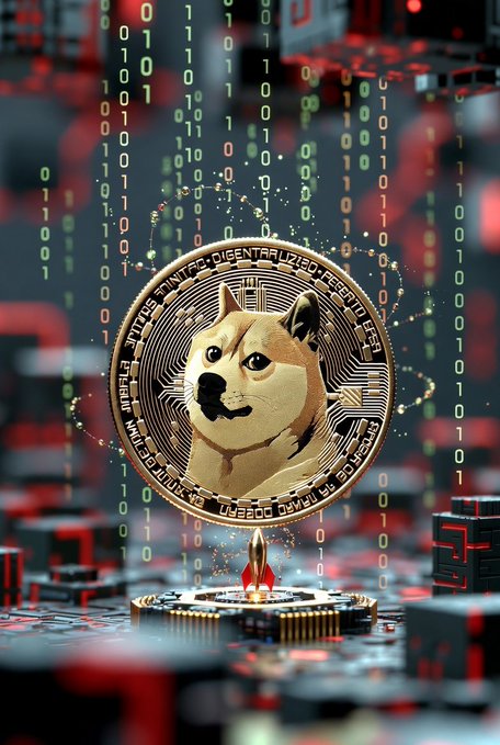 A digital artwork of a Dogecoin coin featuring the Shiba Inu dog, surrounded by glowing binary code and circuit board elements.
