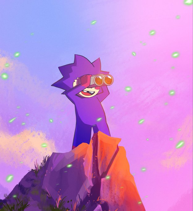 A purple cartoon cat character with orange goggles stands triumphantly atop a rocky peak, surrounded by floating green particles against a dreamy pink and blue sky, mirroring the post's message about still having time to catch the $CHOG token on Monad before it "blasts off."