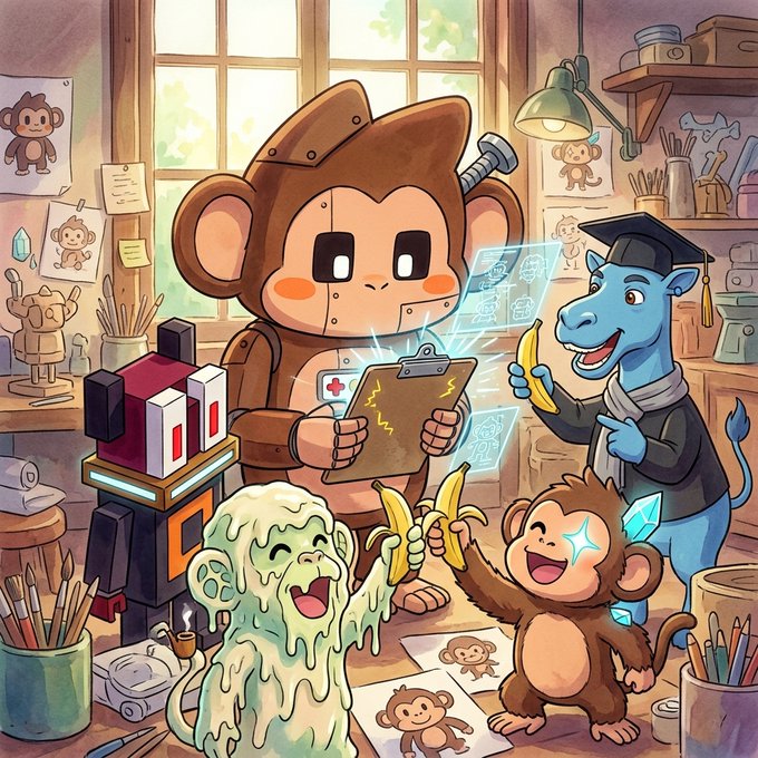 A cartoon illustration showing a monkey character in a robot suit holding a clipboard in a workshop, alongside a smaller happy monkey and a blue goat-like character in a graduation cap eating a banana.