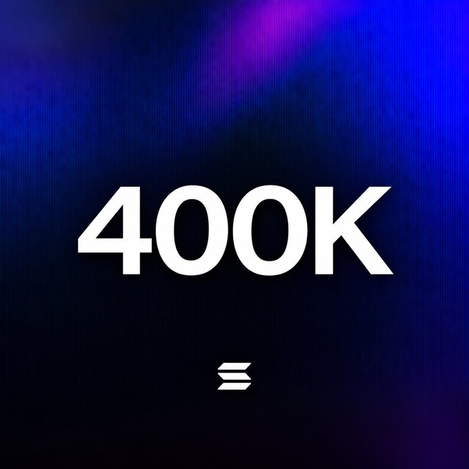 A minimalist graphic displays "400K" in large, bold white text against a dark blue and purple gradient background, with a small white icon below it.