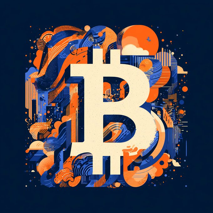 A stylized graphic illustration of the Bitcoin logo in white, surrounded by an abstract composition of orange and blue waves, shapes, and city silhouettes.