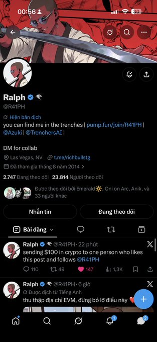 A screenshot of a Twitter/X profile for "Ralph" (@R41PH), verified with location Las Vegas, NV. A pinned tweet promotes a token launch on pump.fun with links to @Azuki and @TrenchersA1, while a recent post reads "sending $100 in crypto to one person who likes this post".
