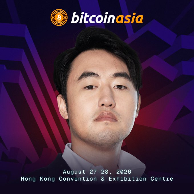 Promotional artwork for 'bitcoin asia' conference taking place 'August 27-28, 2026' at the Hong Kong Convention & Exhibition Centre, featuring a portrait of a man.