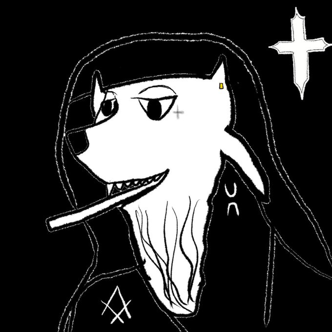 A black and white cartoon drawing of a hooded, wolf-like character smoking a cigarette with a cross symbol nearby.