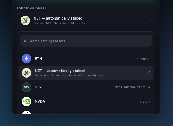 The image shows an "Earnings Asset" selection menu from the Clan app, where "NET — automatically staked" is currently chosen (marked with a blue checkmark) above other options like ETH (Ethereum), SPY (SPDR S&P 500 ETF Trust), and NVDA (NVIDIA). This corresponds to the post's instruction for users to select NET as their Earnings Asset in order to receive auto-staked sNET distributions from their key.