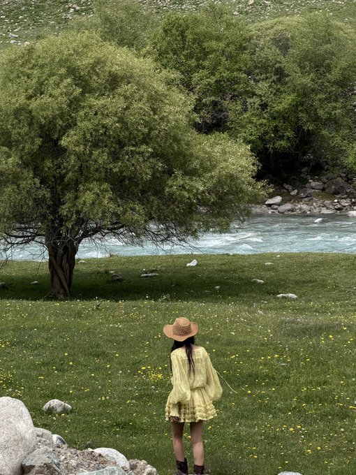 A scenic outdoor photo of a woman wearing a straw hat and yellow dress standing in a grassy field with wildflowers, looking toward a river and lush green trees.