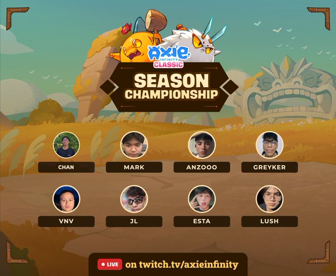 Promotional graphic for the Axie Infinity Classic Season Championship featuring the Top 8 players (Chan, Mark, Anzooo, Greyker, VNV, JL, Esta, and Lush) with cartoon Axie characters and a stone monument in the background, directing viewers to watch the live stream at twitch.tv/axieinfinity.