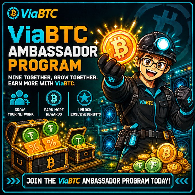 An advertisement for the "ViaBTC AMBASSADOR PROGRAM" featuring a cartoon miner holding a Bitcoin, with text encouraging users to "MINE TOGETHER, GROW TOGETHER, EARN MORE."
