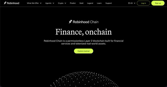 The image shows Robinhood's website, which has a black background with white text. The main focus of the image is the Robinhood Chain page, displaying the company's name and their goal for tokenization. The text "Focus on what is in the image and how it relates to the post" suggests that the image should be used as part of a caption or description about the website.