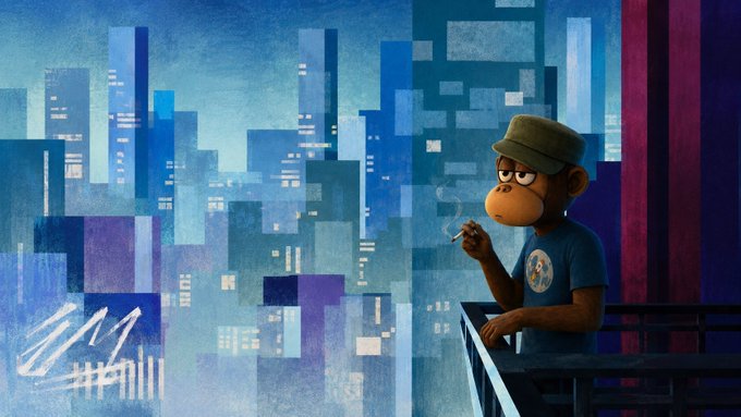 An animated illustration shows a monkey wearing a hat and blue t-shirt smoking on a balcony against a stylized blue and purple cityscape at night.