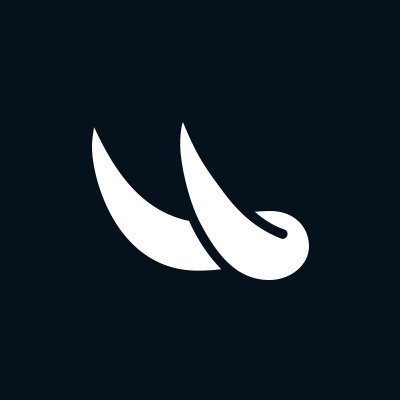 A minimalist white logo on a dark navy background depicting stylized, curved wing or horn shapes.