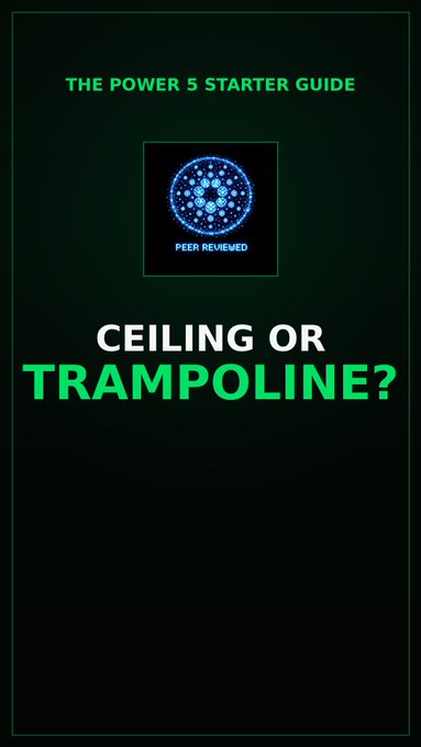 A dark graphic with green text reading 'THE POWER 5 STARTER GUIDE' and 'CEILING OR TRAMPOLINE?', featuring a central 'PEER REVIEWED' circular badge.